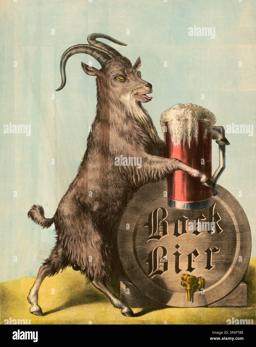 Werbeplakat, Getränkewerbung, Werbeplakat für Bockbier von ca. 1880 bis 1900. Die Illustration zeigt eine anthropomorphe Ziege, die auf den Hinterbein Stock Photo