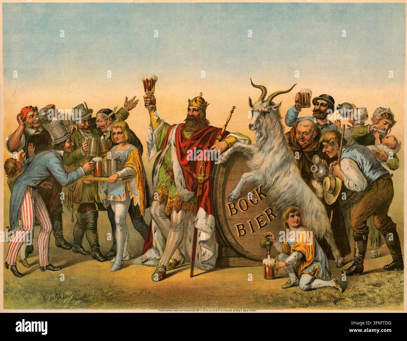 Werbeplakat, Getränkewerbung, Werbeplakat von 1884 zeigt König Gambrinus, den legendären Erfinder des Bieres, der mit einer Bockbier-Ziege und feiernd Stock Photo