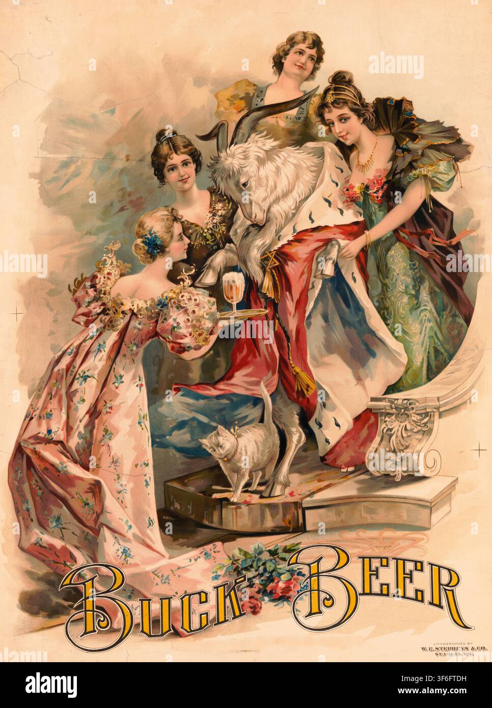 Werbeplakat, Getränkewerbung, Bockbier-Werbeplakat aus dem Jahr 1880, herausgegeben von W.E. Stephens & Co. Das Bild zeigt eine humorvolle Szene, in d Stock Photo