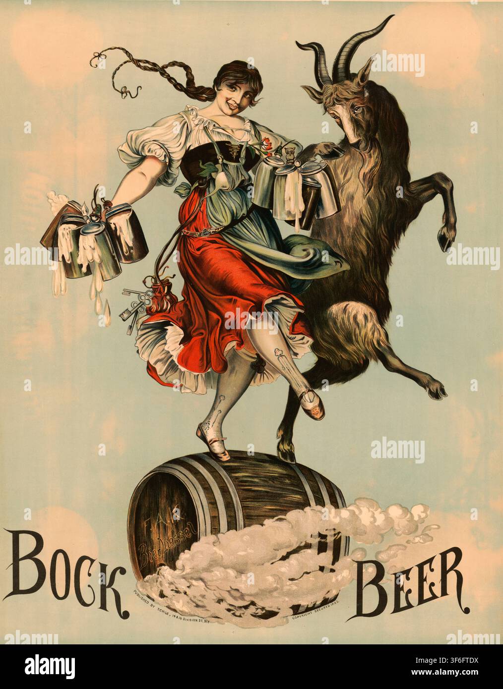 Werbeplakat, Getränkewerbung, Werbeplakat für Bockbier aus dem Jahr 1883, veröffentlicht von Schile in New York. Das Bild zeigt eine Kellnerin in trad Stock Photo