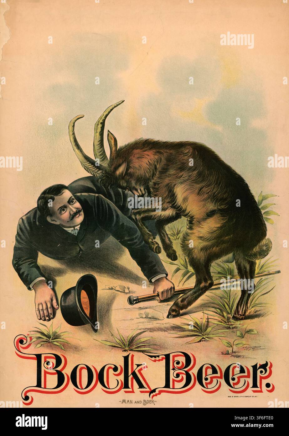Werbeplakat, Getränkewerbung, Werbeplakat für Bockbier mit dem Titel Man and Bock aus dem Jahr 1894. Die Lithografie wurde von der Firma Rode & Brand Stock Photo