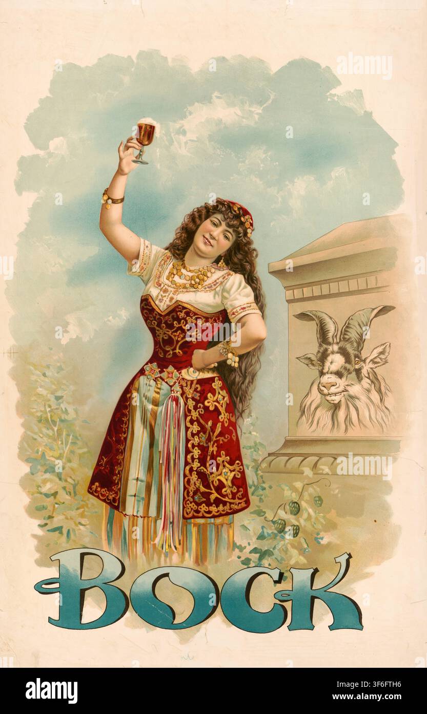 Werbeplakat, Getränkewerbung, Werbeplakat für Bockbier von Henry Jerome Schile aus dem Jahr 1894, das eine Frau in bayerischer Tracht mit einem Glas B Stock Photo