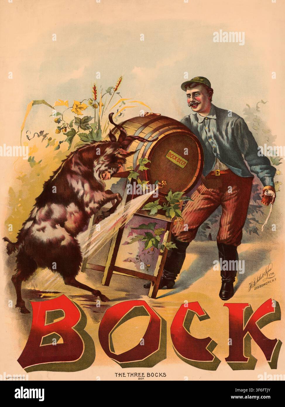 Werbeplakat, Getränkewerbung, Werbeplakat von Henry Jerome Schile aus dem Jahr 1880, zeigt einen Mann, der Bockbier aus einem Holzfass zapft, während Stock Photo