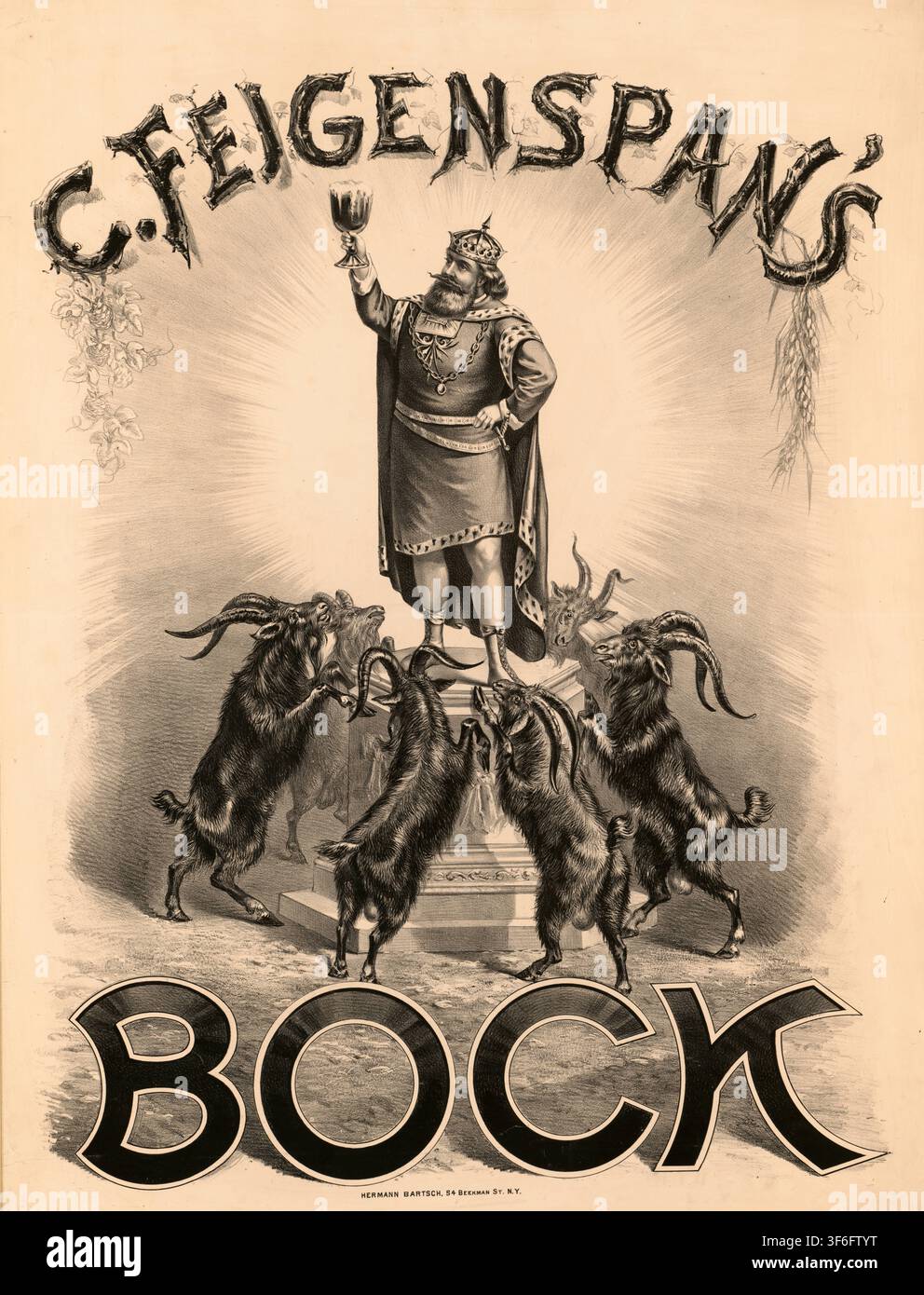 Werbeplakat, Getränkewerbung, Werbeplakat von 1887 für C. Feigenspan s Bock Bier aus Newark, New Jersey. Das Bild zeigt einen König, der auf einem Pod Stock Photo