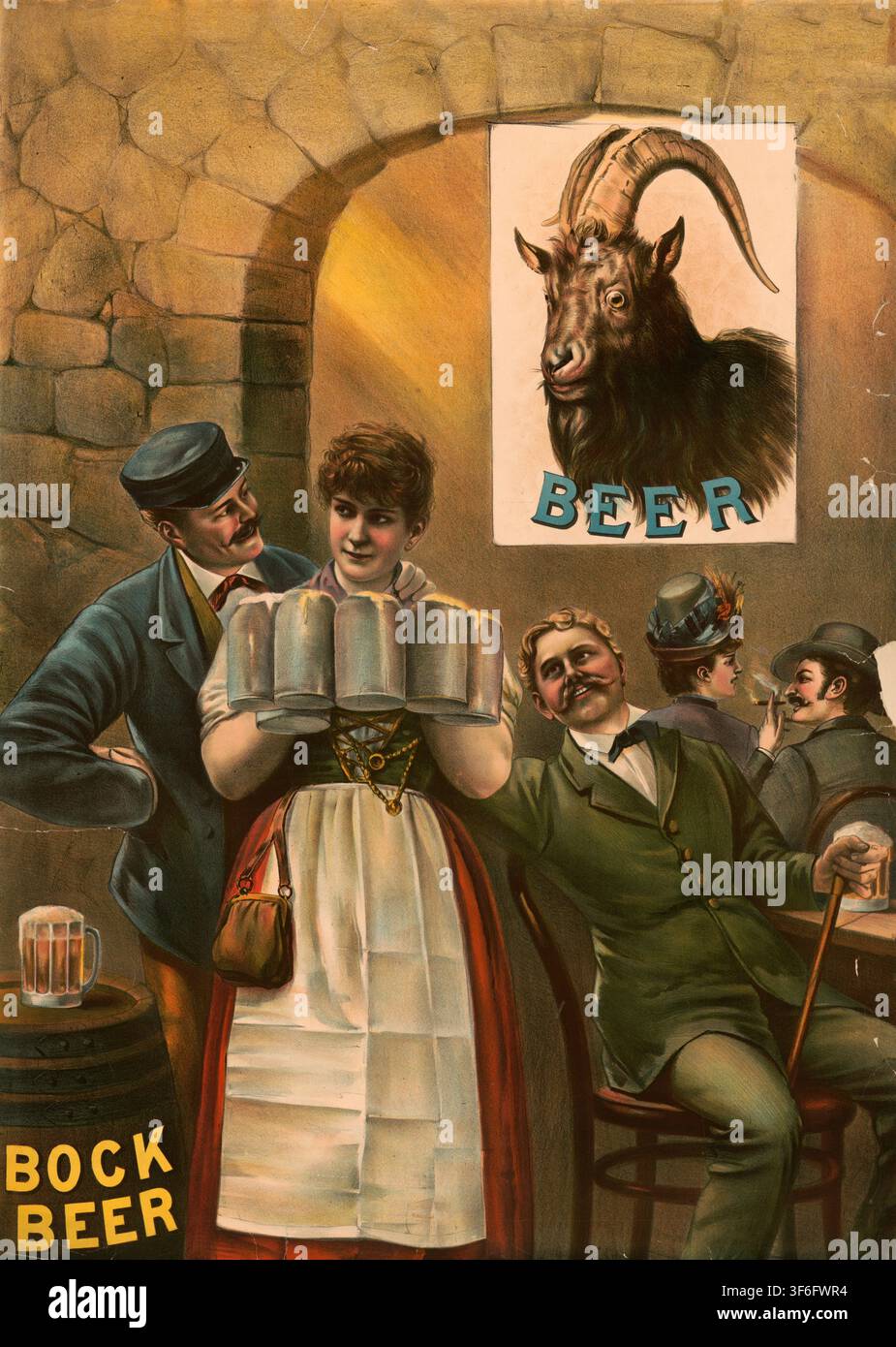Werbeplakat, Getränkewerbung, Bockbier-Plakat von Henry Jerome Schile aus dem Jahr 1889, eine bayerische Kellnerin, die Krüge mit Bockbier serviert, w Stock Photo