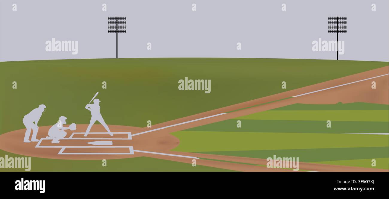 Baseball stadium scene with batter pitcher umpire vector illustration Stock Vector