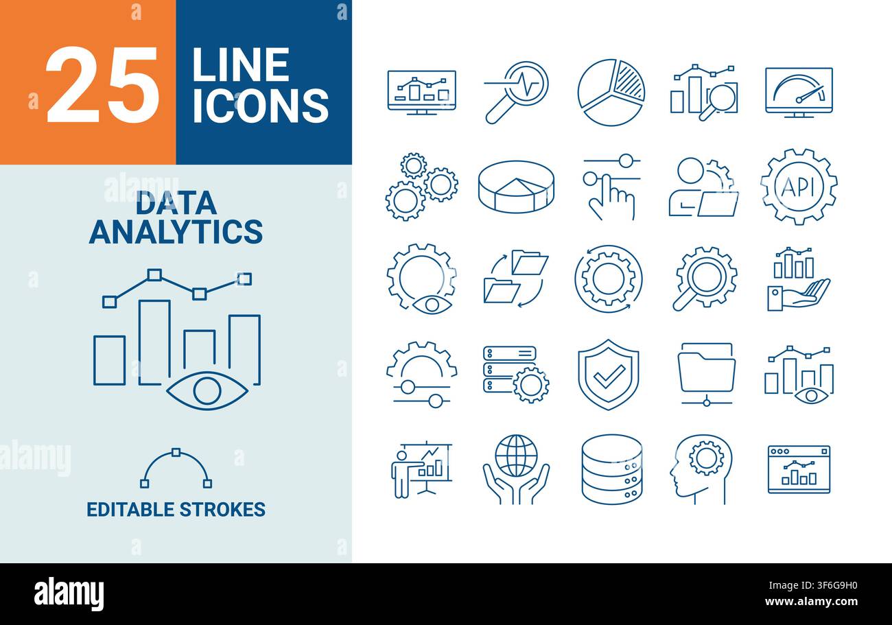 Data Analytics Line Editable Icons set. Database, statistics, server, monitoring, computing, network, big data, data processing, hosting, data mining Stock Vector