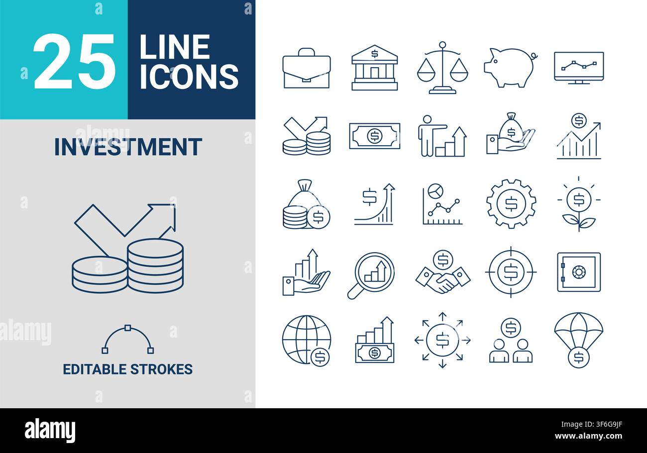 Investment Line Editable Icon Set. Vector illustration Editable stroke. Stock Vector