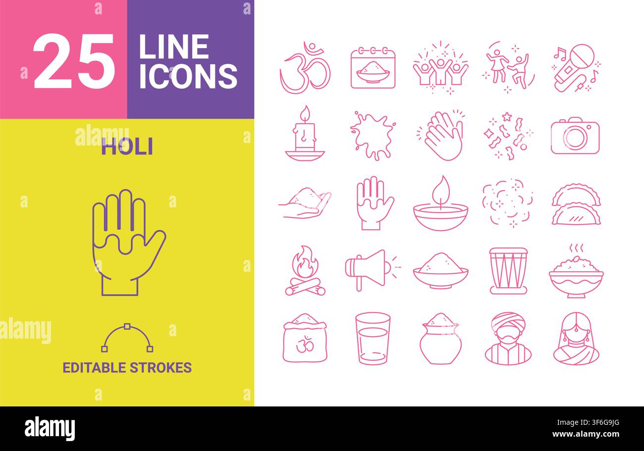 25 Holi line icons set editable strokes vector Stock Vector