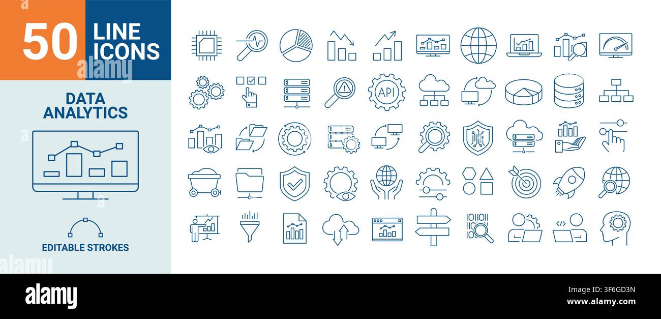 Data Analytics Line Editable Icons set. Database, statistics, server, monitoring, computing, network, big data, data processing, hosting, data mining Stock Vector
