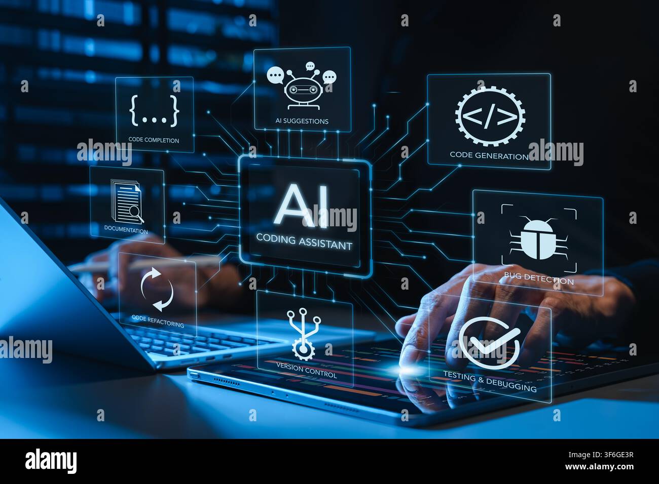 AI coding assistant helps software developers generate code, complete scripts, detect bugs, refactor programs, manage versions, and test applications Stock Photo