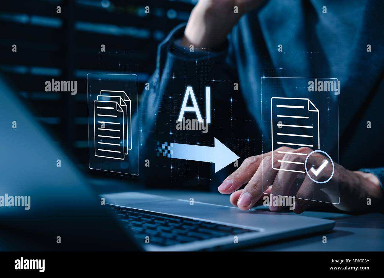 AI document processing concept. Businessman using laptop and file workflow, automated document review, text extraction, content validation, approval Stock Photo
