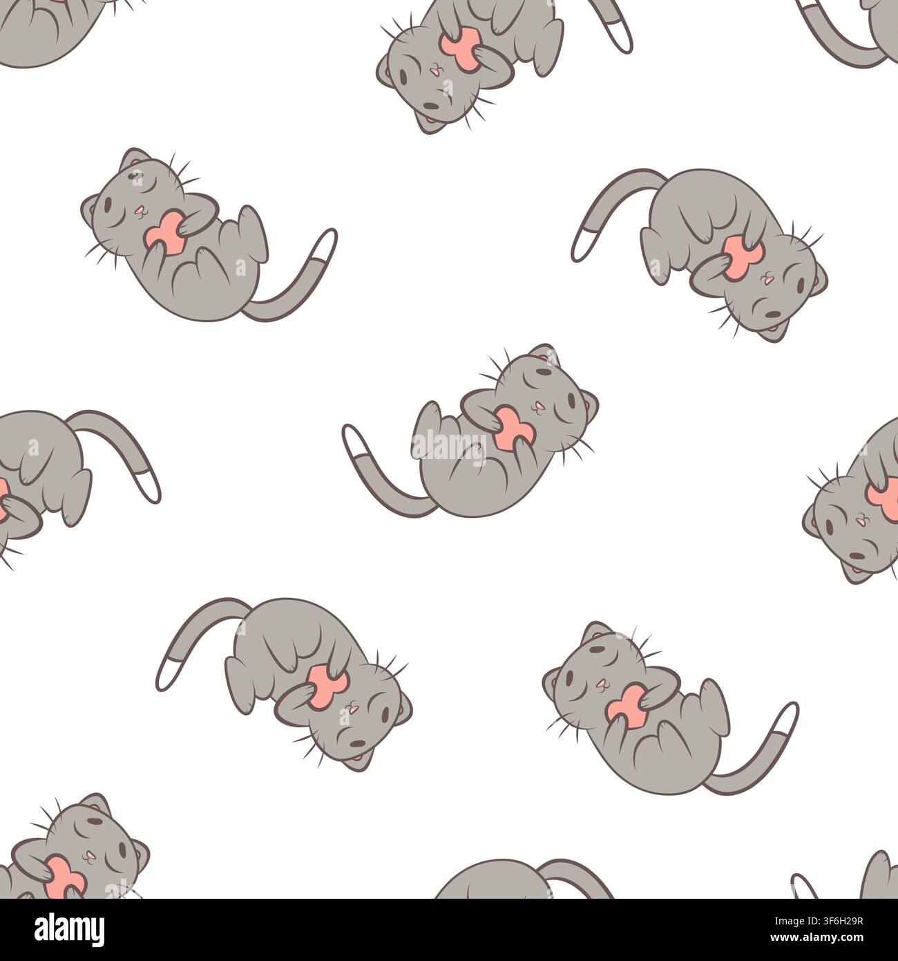 A vector seamless pattern grey kittens holding hearts in their paws Stock Vector
