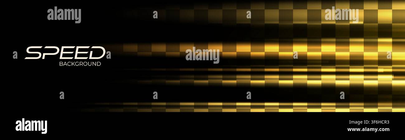 Wide sports banner with racing flag and speed lines. Black modern abstract background with yellow glowing movement and high-speed light effect. Vector Stock Vector