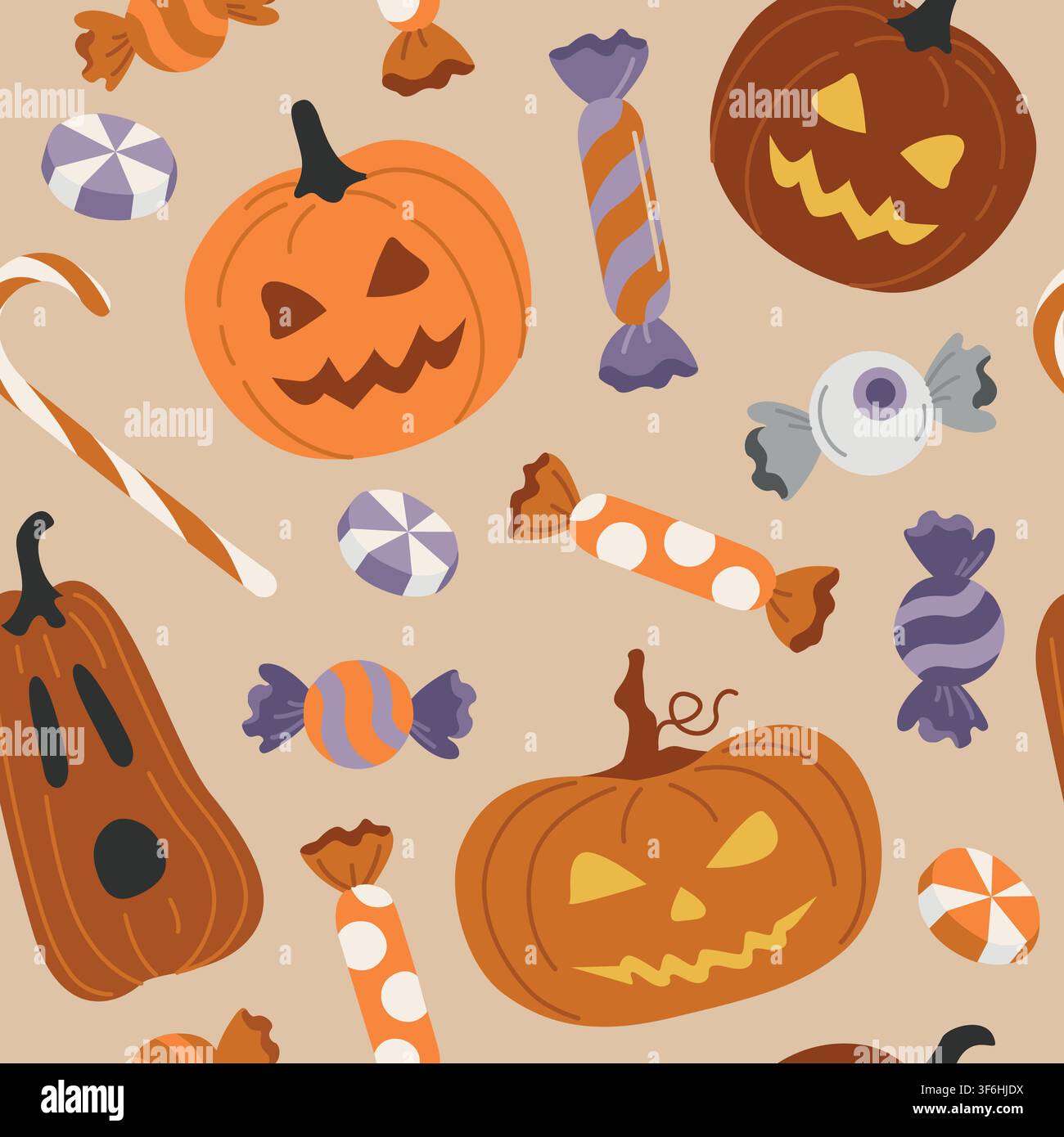 Halloween seamless pattern with trick-or-treat sweets, candies, candy cane and Jack-o-lantern pumpkin for seasonal packaging Stock Vector