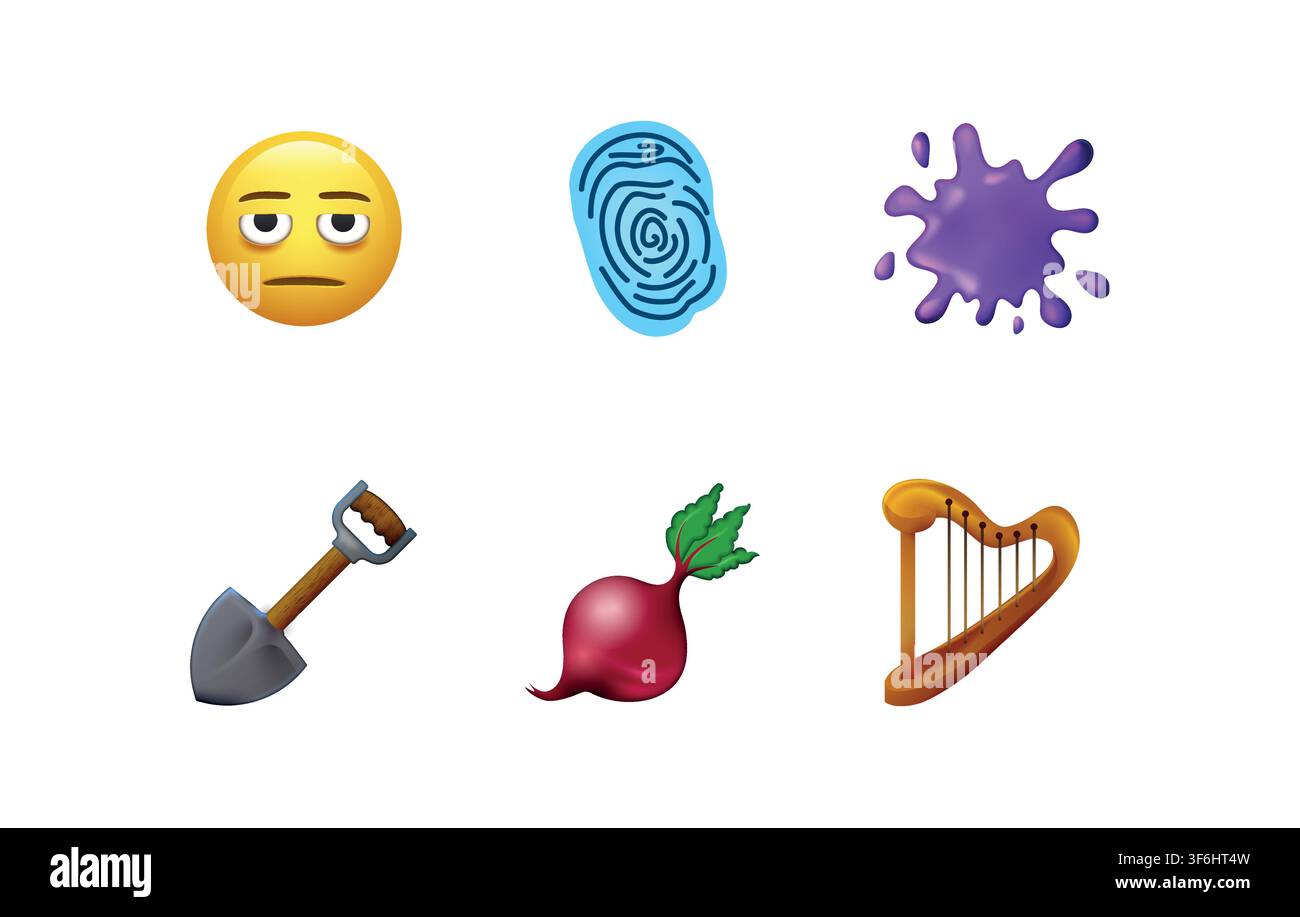 Emoticons. New iPhone iOS 18 emoji set on white background. Sad disappointed emoji, fingerprint, purple spot, shovel, beet, harp. Stock Vector