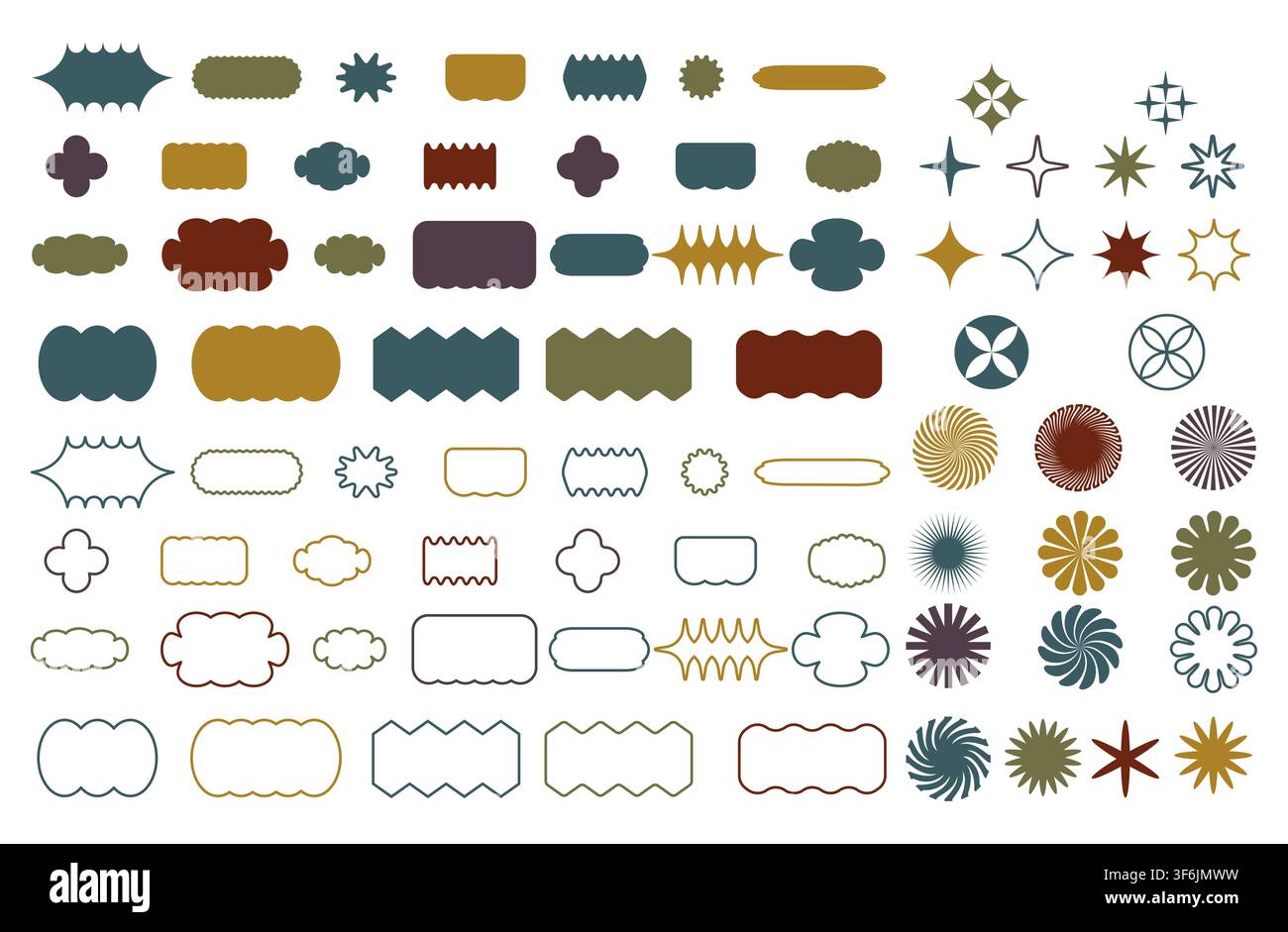 Minimalistic brutal shape sticker set. Vector geometric star shaped icons. Circles and rectangles with wavy zigzag edges Stock Vector