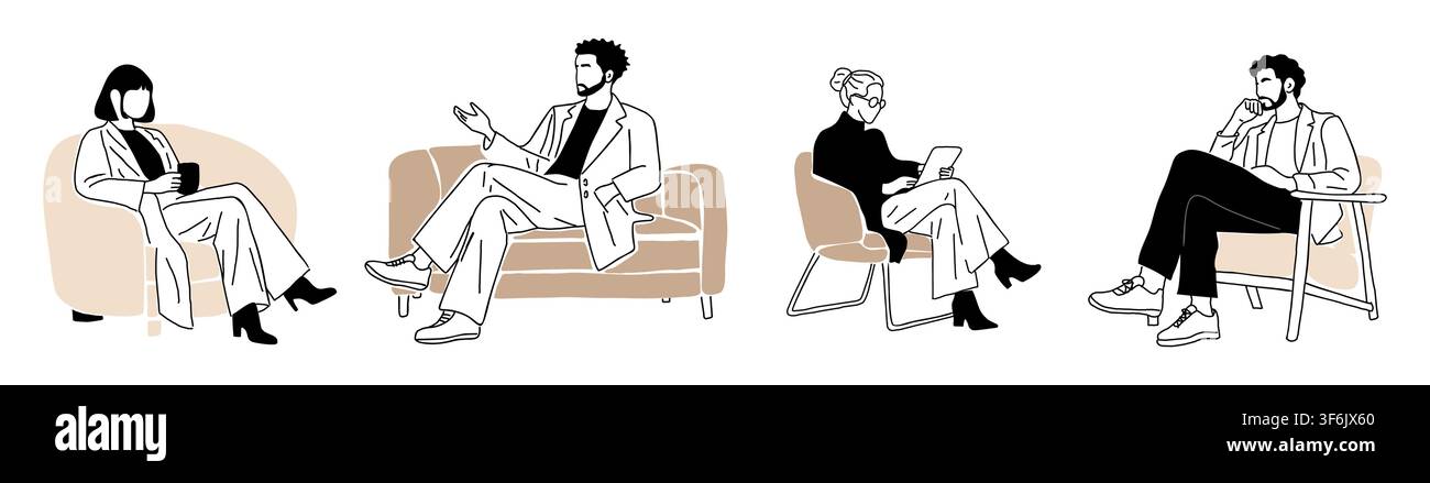 Set different figures sit in relaxed conversation Stock Vector
