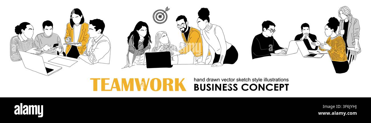 Set Team members in brainstorming and discussion. Stock Vector