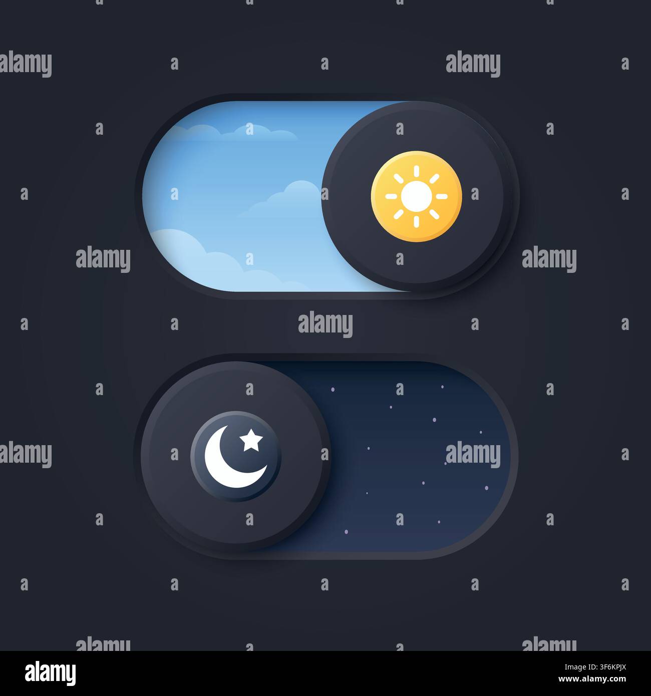 Vector 3d Day Mode and Night Mode Toggle Switch Set. Light and Dark Theme UI Buttons with Sun and Moon Icons. App Interface Control Element for Web Stock Vector