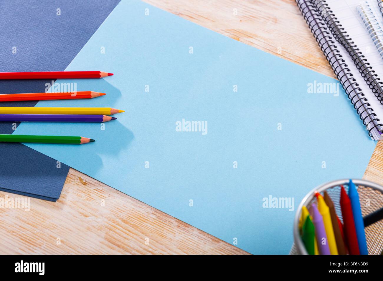 School stationery on wooden table Stock Photo