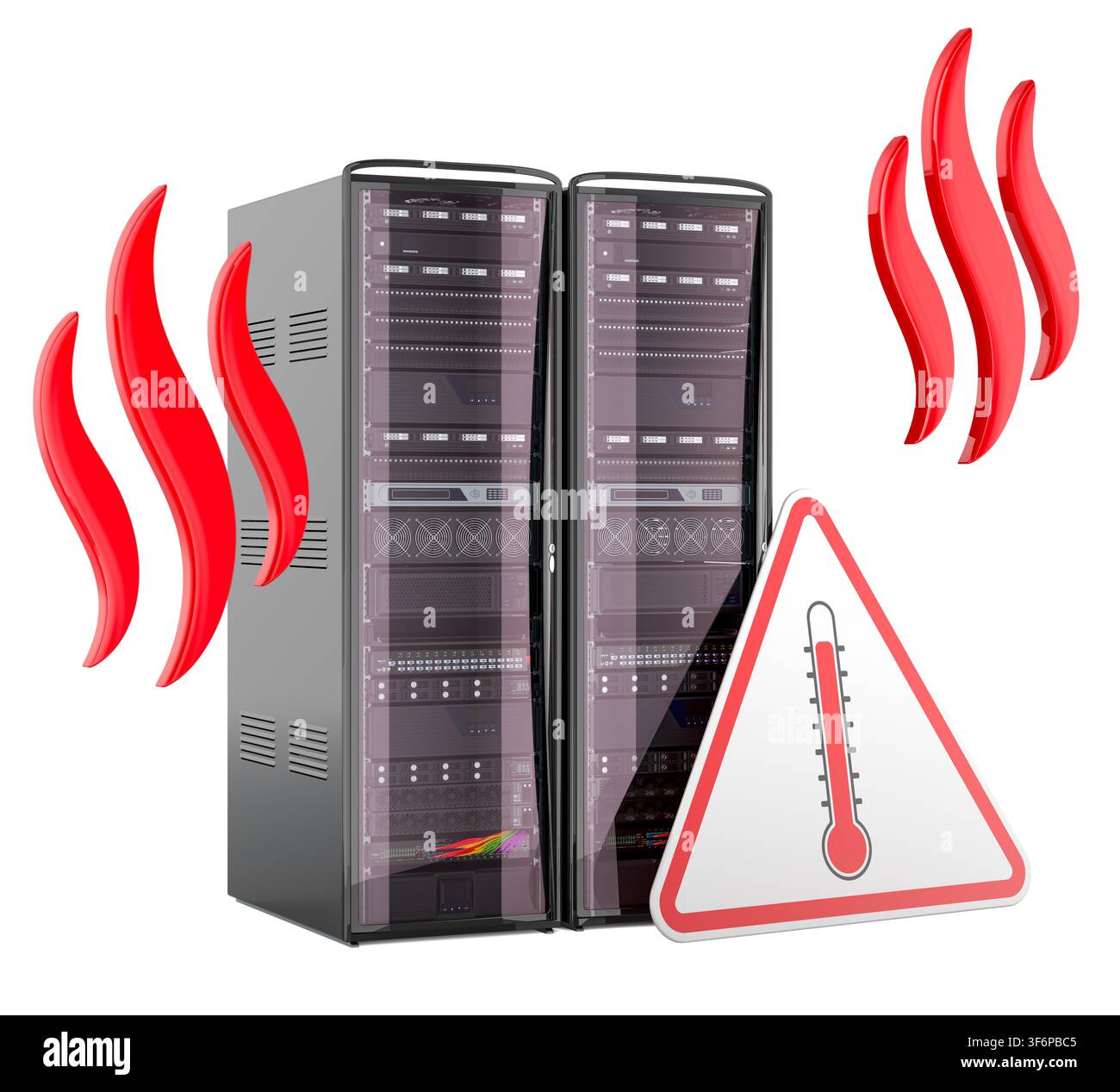 Server overheating warning with temperature alert sign, 3d rendering isolated on white background Stock Photo
