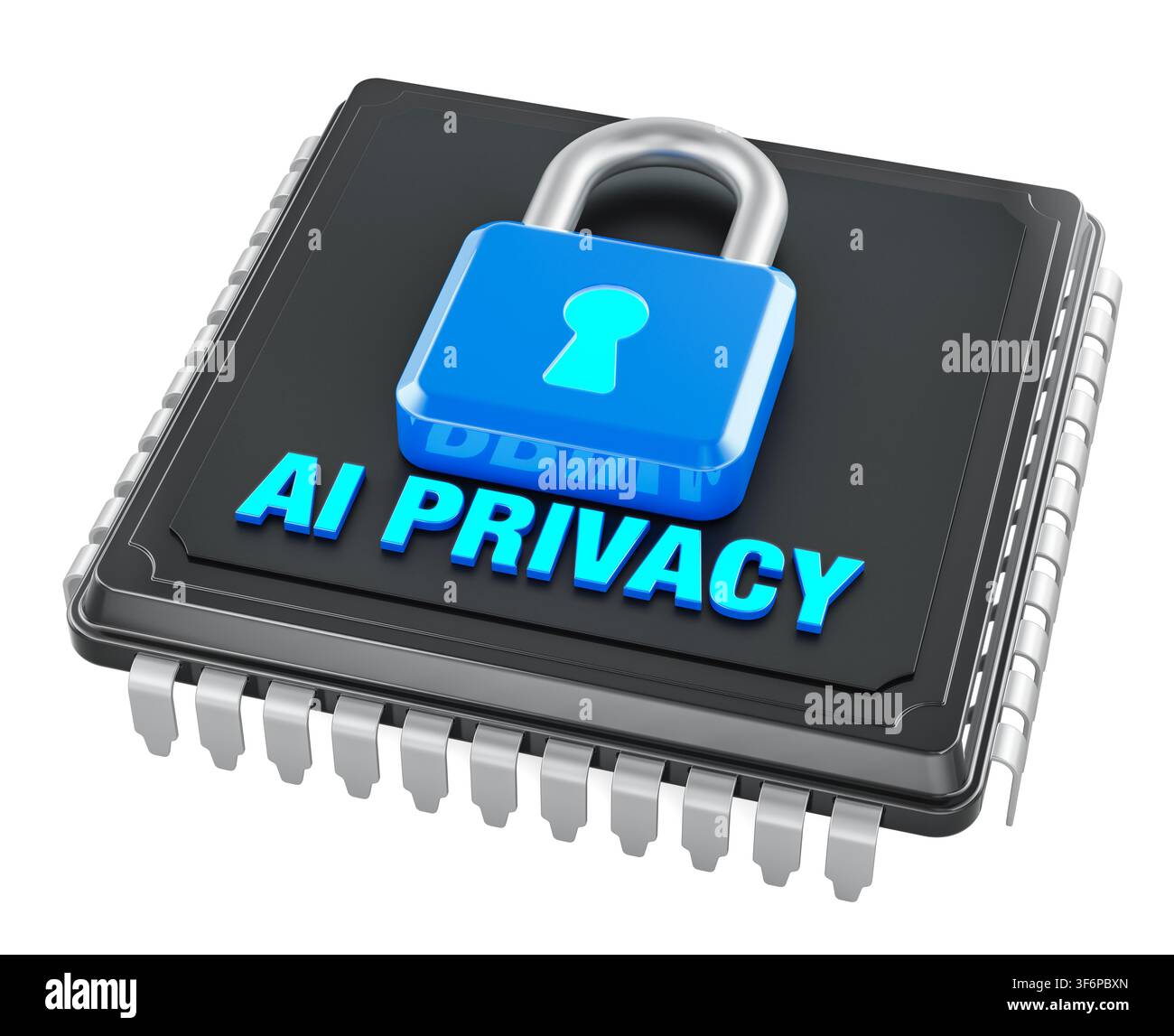 AI privacy chip with padlock. Data protection and security concept, 3d rendering isolated on white background Stock Photo