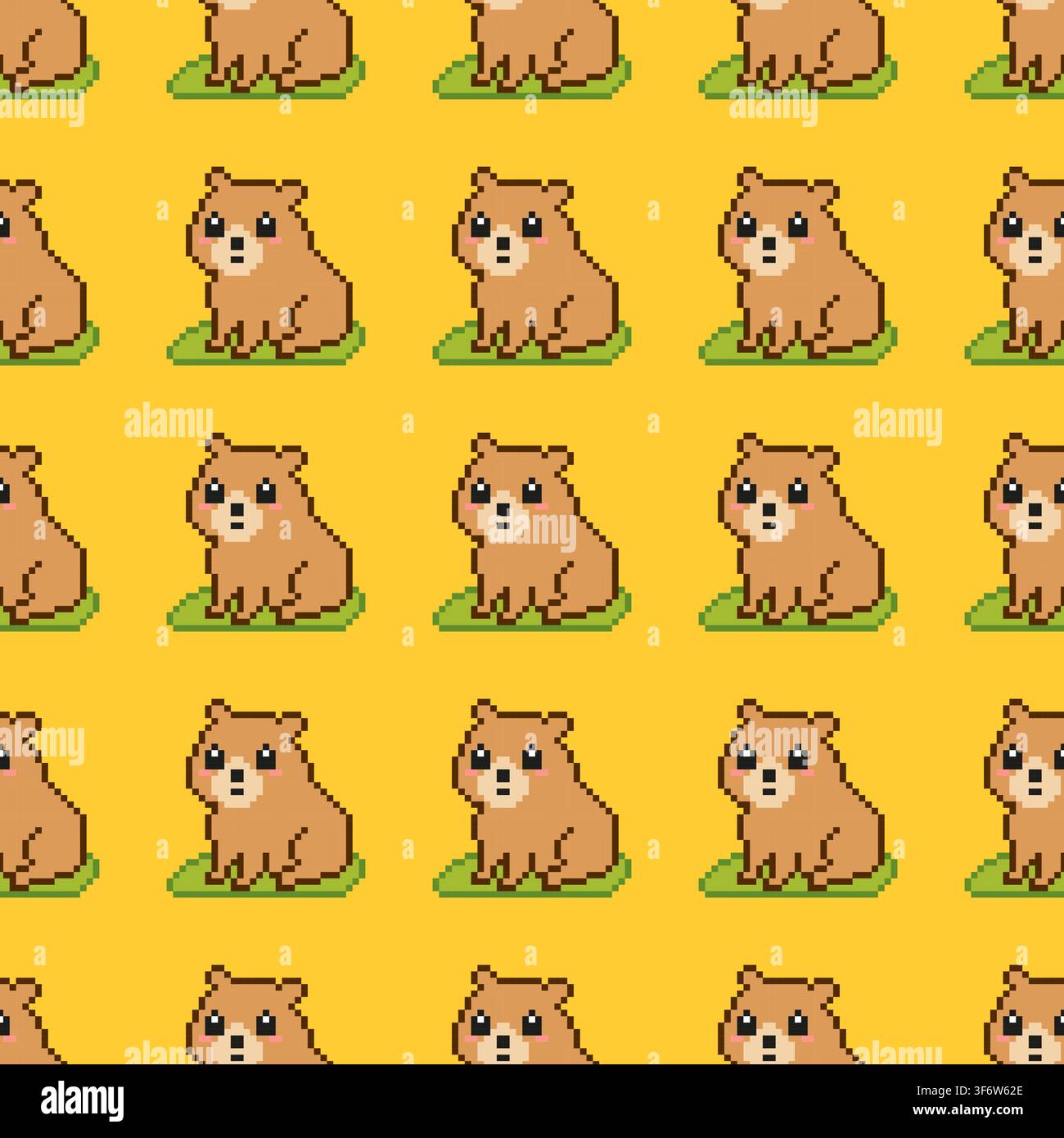 Seamless pixel art capybara pattern on yellow background. Stock Vector