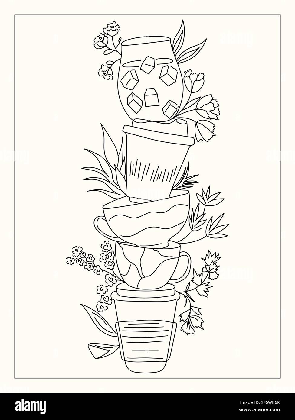 Coffee cups composition with reusable coffee cups, teacups, iced coffee, flowers and botanical elements. Stock Vector