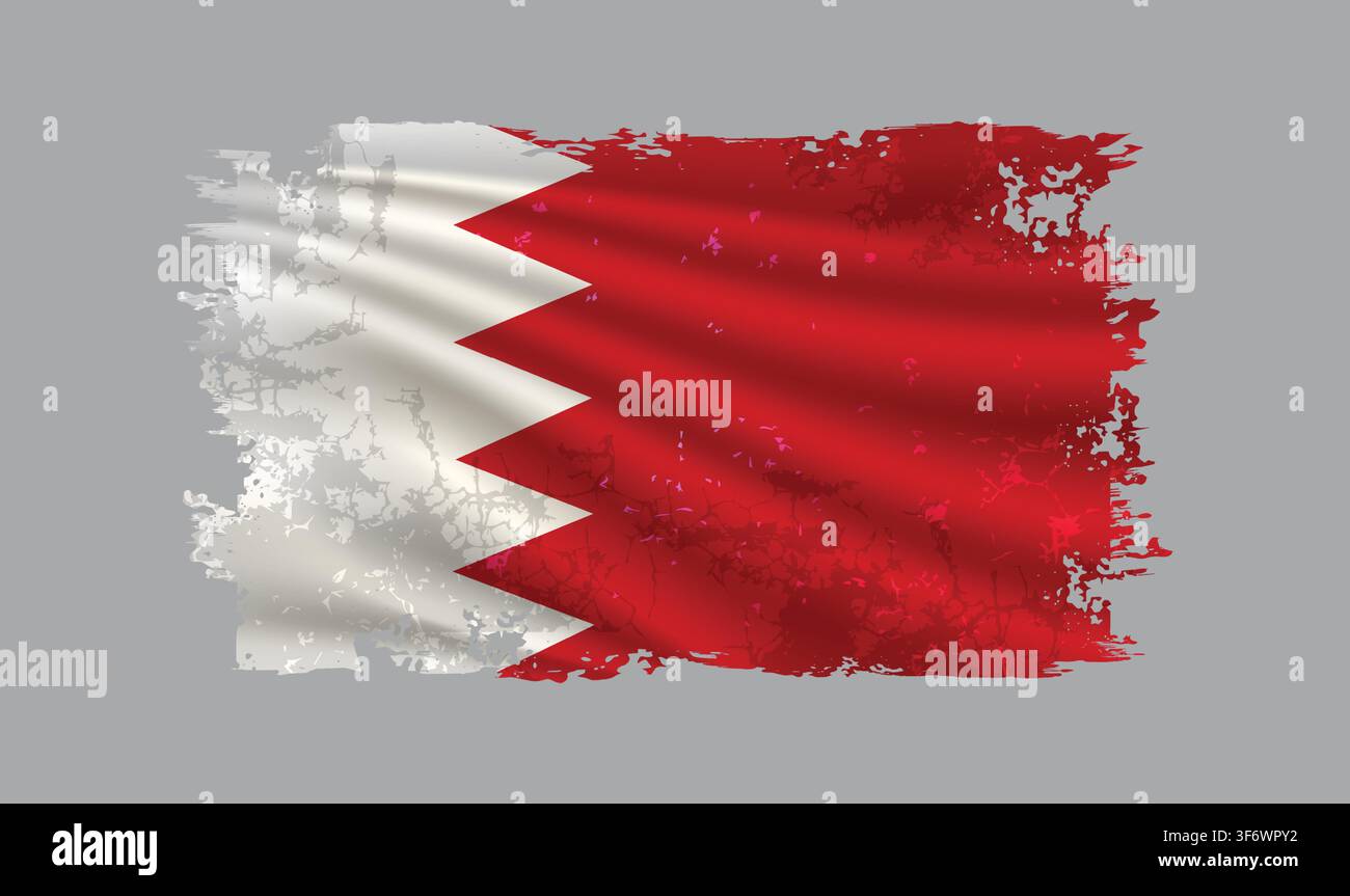Bahrain flag is depicted with brushstrokes and features design elements with a textured style. Stock Vector