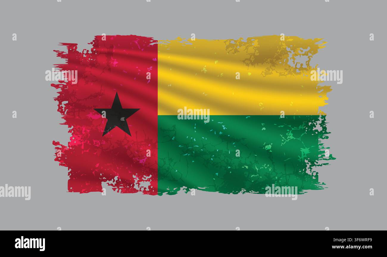 Guinea Bissau flag is depicted with brushstrokes and features design elements with a textured style. Stock Vector