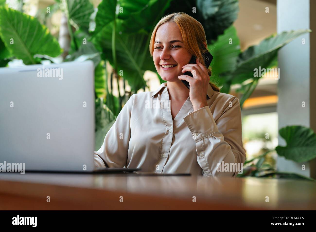 Smiling woman talking on her phone using laptop Stock Photo