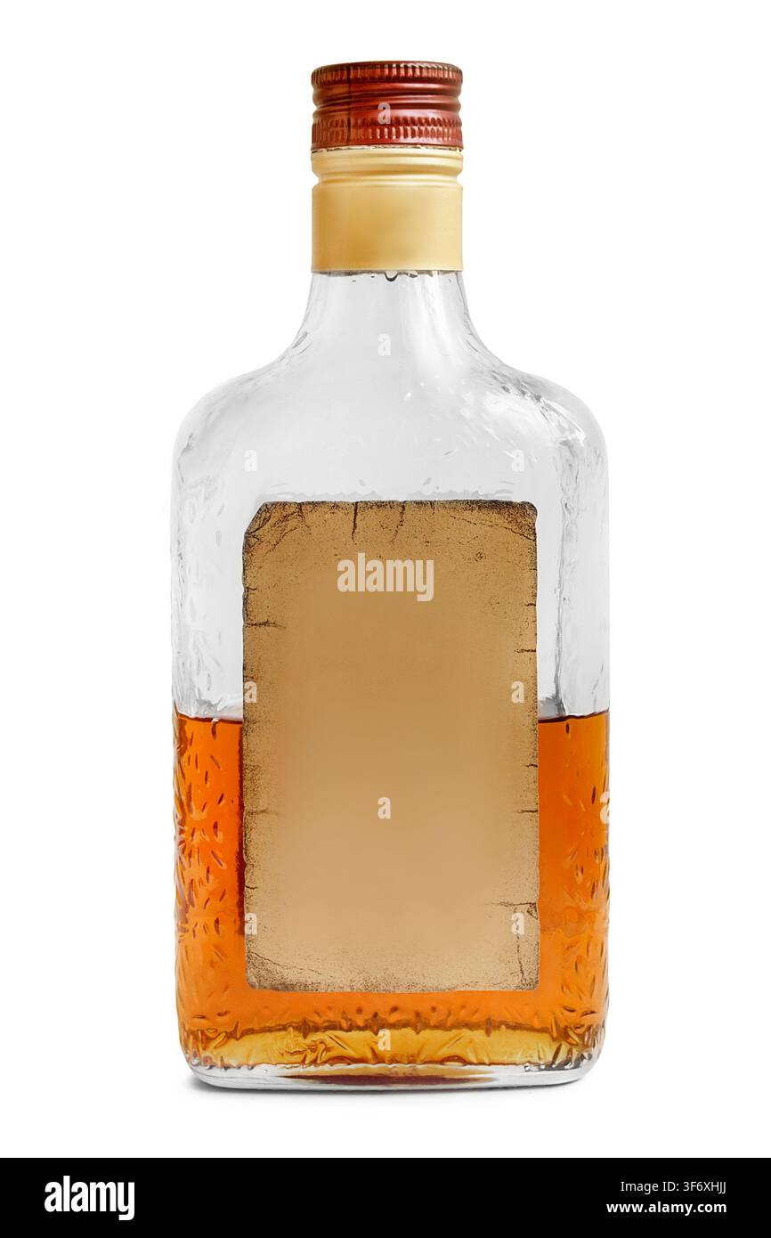 Half full cognac bottle isolated on white background Stock Photo