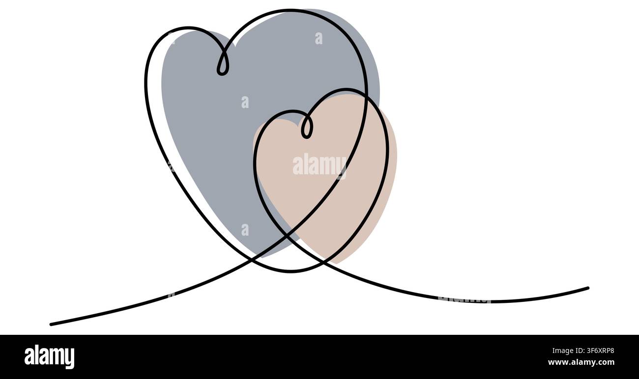 One continuous drawing of two hearts and love signs. Thin curls and romantic symbols in simple linear style. Minimalist Editable stroke. Vector doodle Stock Vector