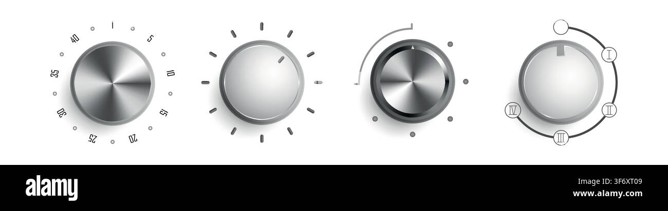 Realistic vector volume controlers on a white background. Vector volume balance knobs. Stock Vector