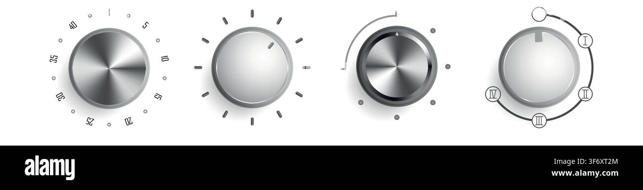 Realistic vector volume controlers on a white background. Vector volume balance knobs. Stock Vector