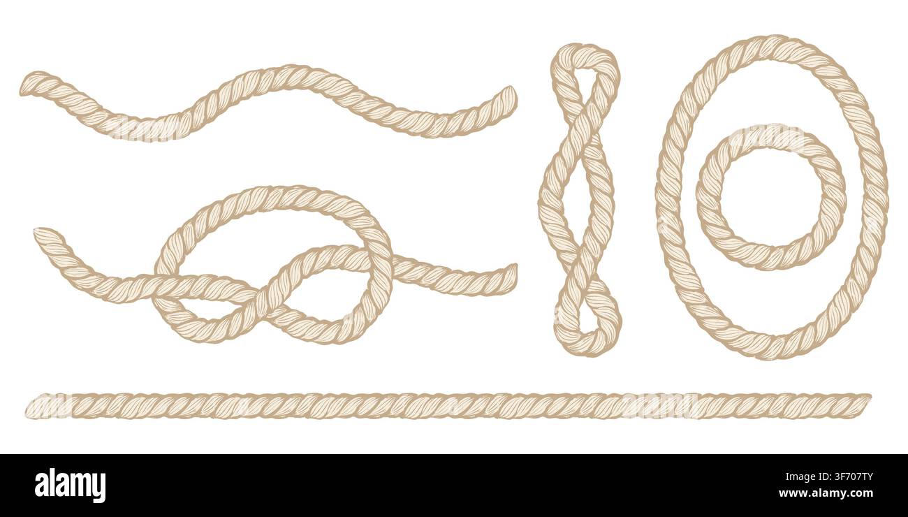 Vector set design elements with rope. Vector rope knot and frame. Stock Vector