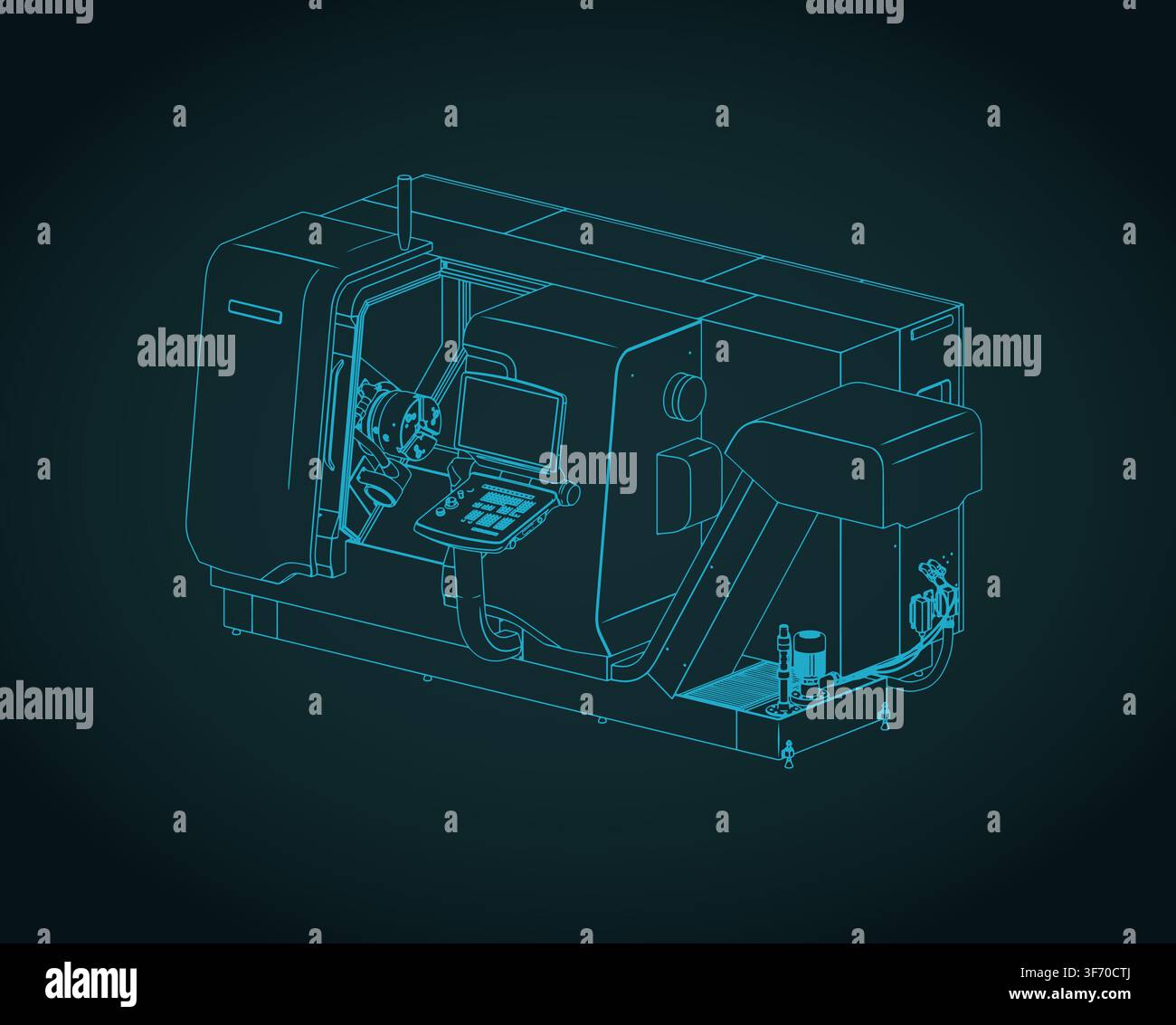 CNC lathe turning machine isometric blueprint, stylized vector illustration Stock Vector