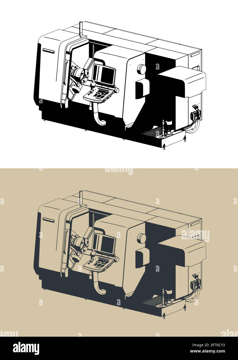 CNC lathe turning machine stylized isometric vector illustrations Stock Vector