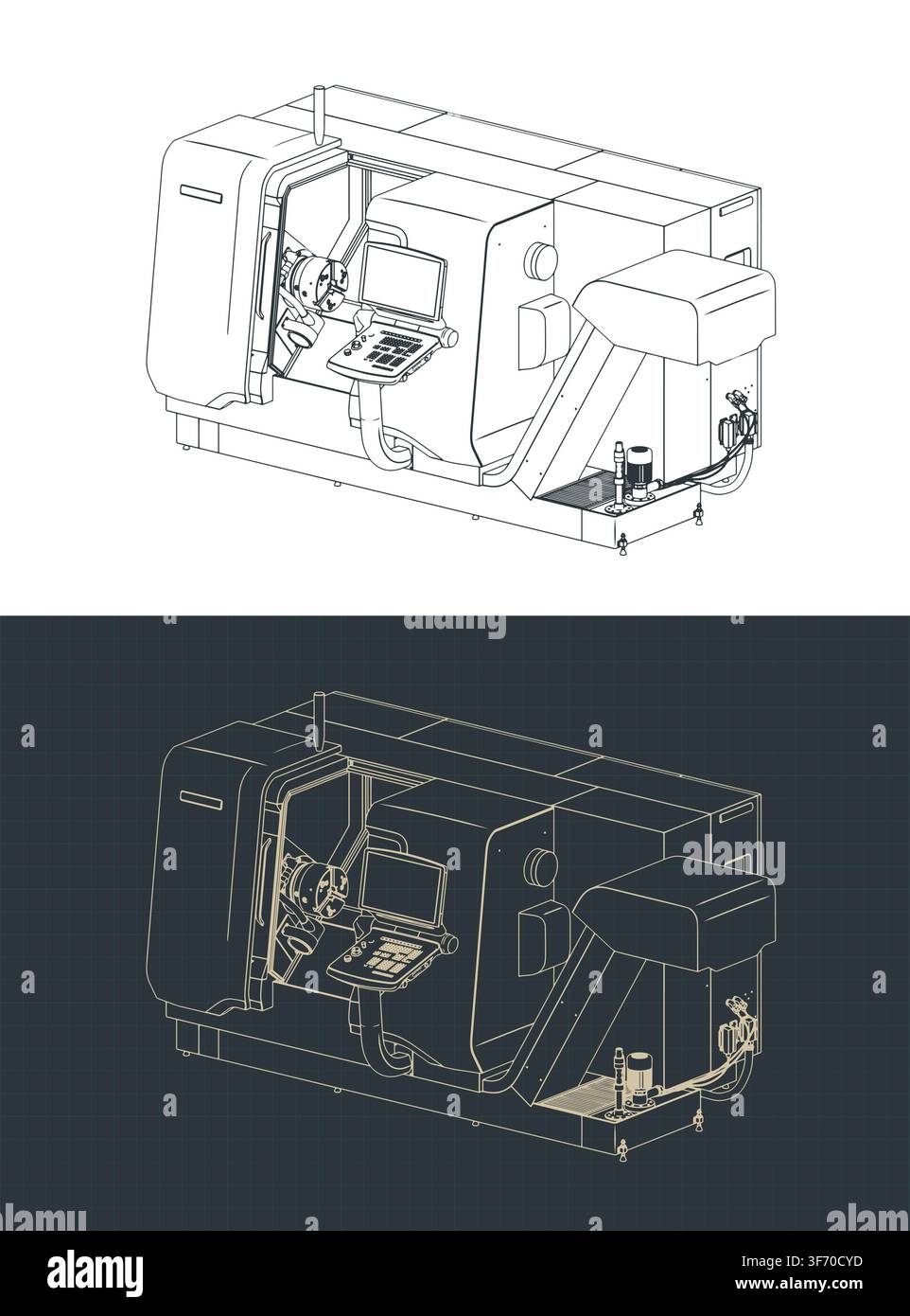 CNC lathe turning machine isometric blueprints, stylized vector illustrations Stock Vector