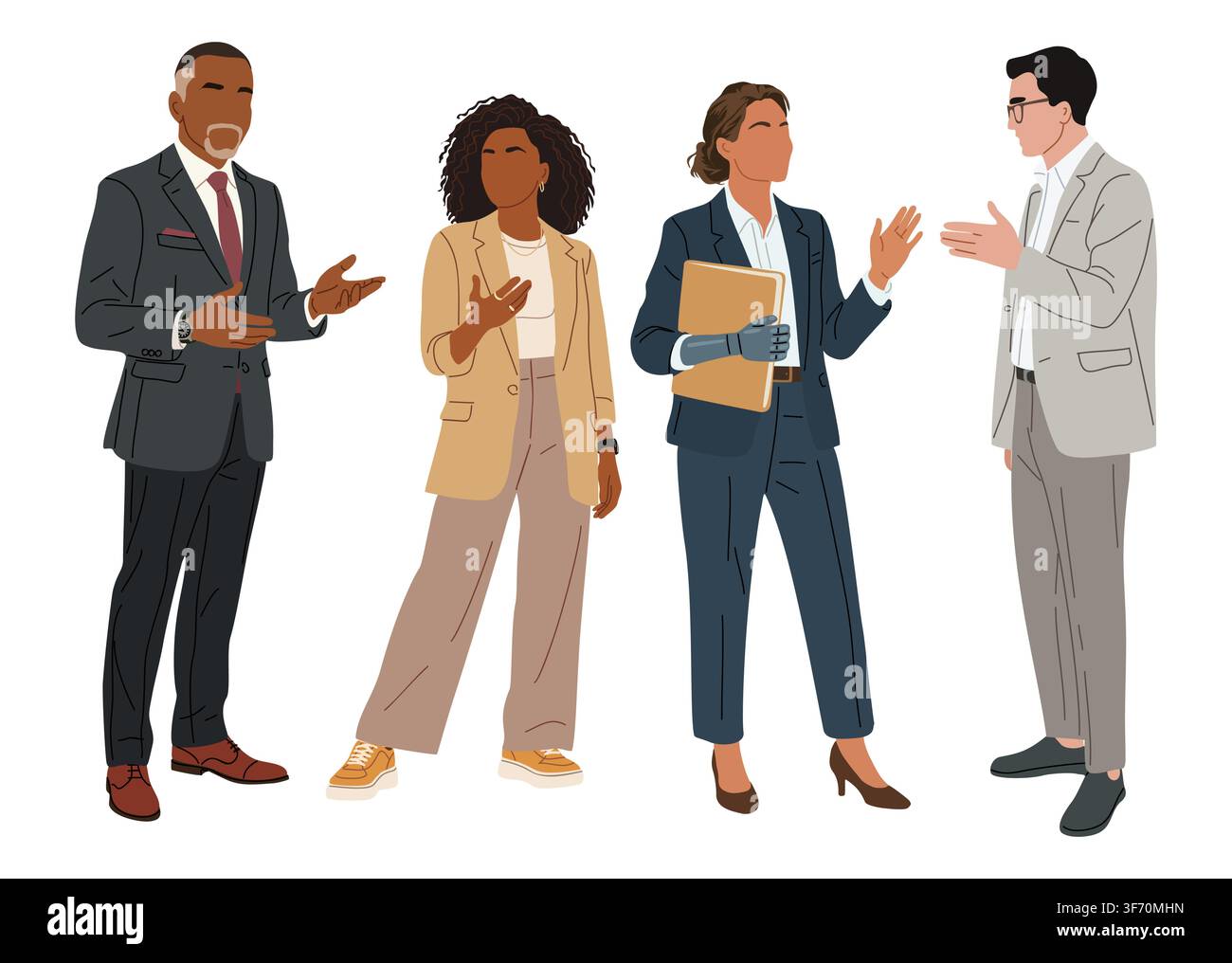 Four professionals converse in a dynamic scene Stock Vector