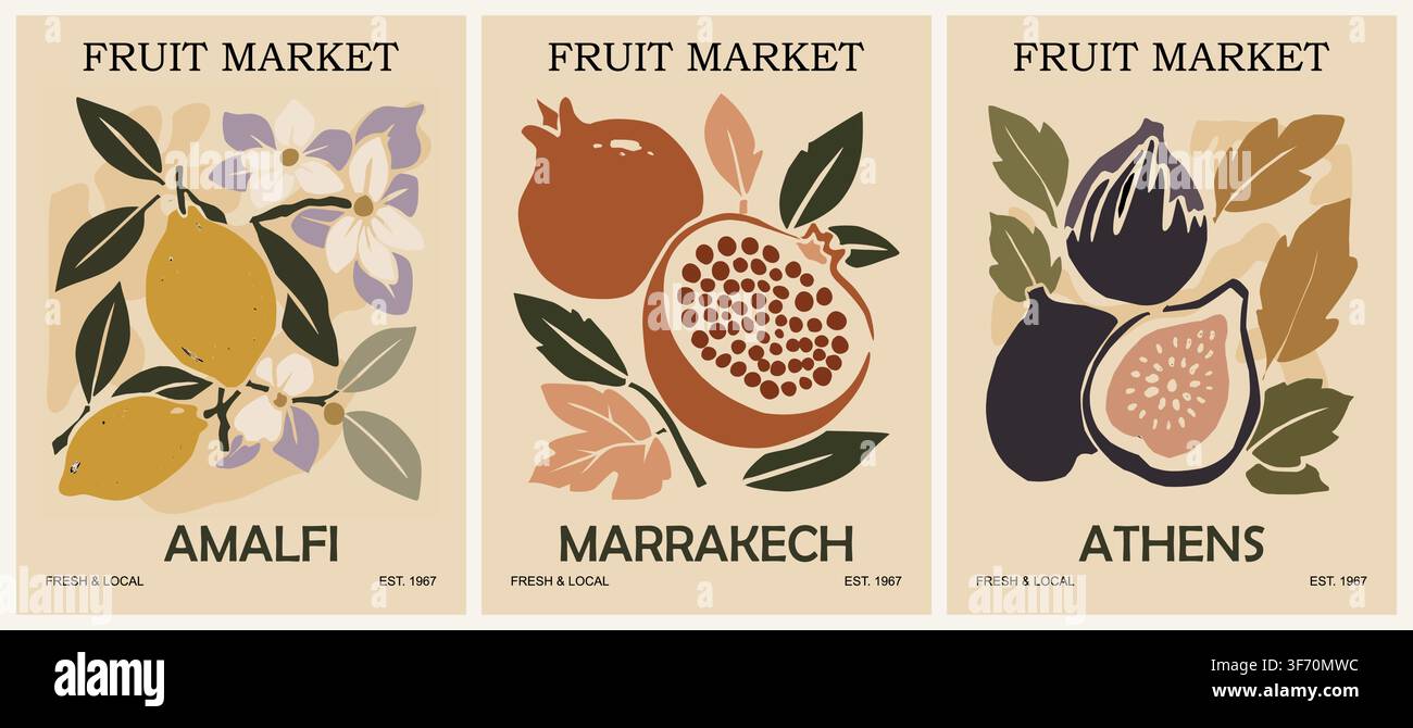 Vintage fruit market posters with unique harm Stock Vector