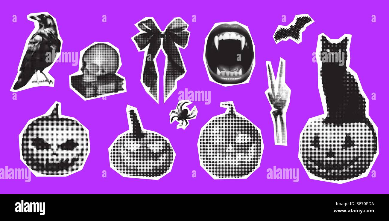 Set of retro halftone Halloween stickers. Dotted effect pumpkins, skull, black cat, raven, vampire mouth, bat, spider, ribbon. Gothic collage elements Stock Vector