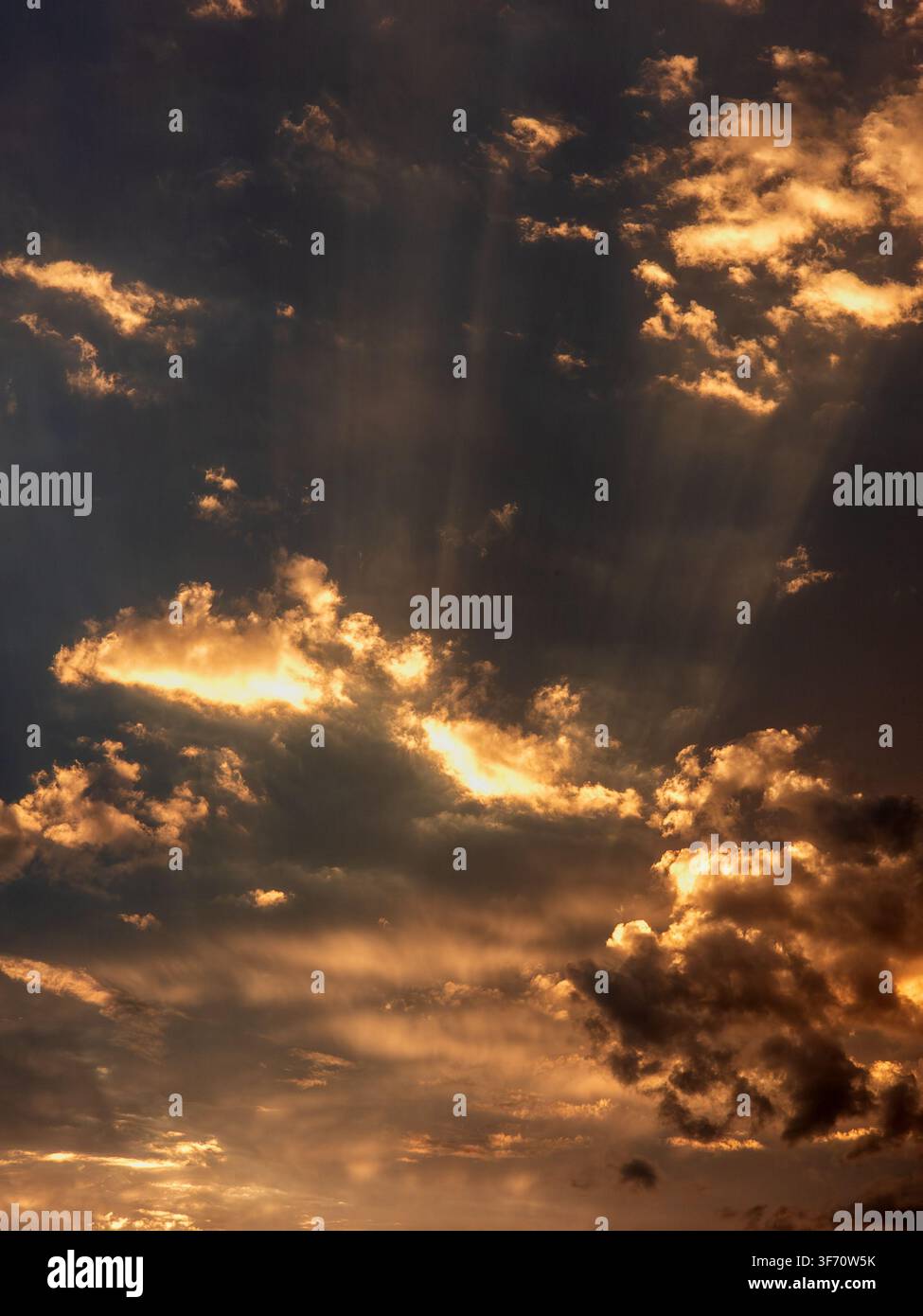 Sunlight breaks through dramatic, golden clouds at sunset. Rays shine down through dark, textured cloud formations Stock Photo