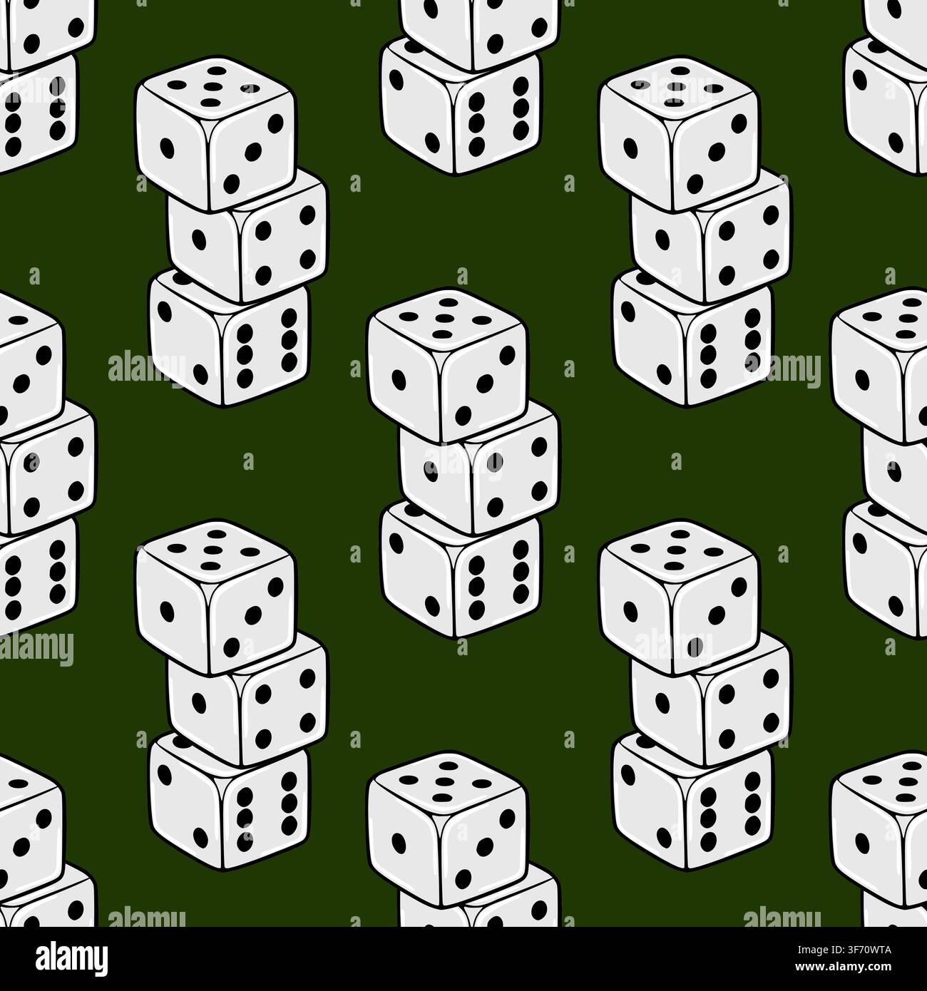 Seamless vector pattern with stacked white casino dice on a dark green background Stock Vector