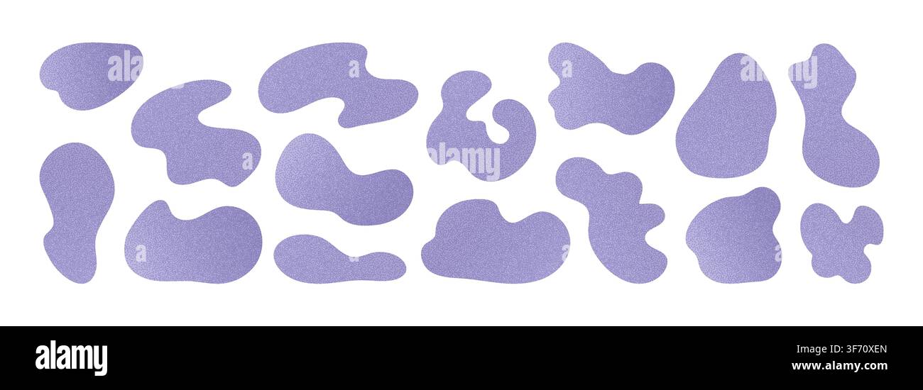 Pastel purple gradient colored irregular shapes set with grainy texture. Noisy effect liquid elements. Stock Vector