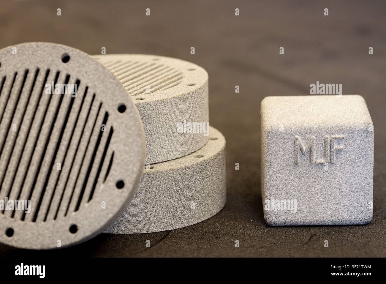 Multi Jet Fusion 3D Printed Prototype Parts with MJF Sample Cube Stock Photo