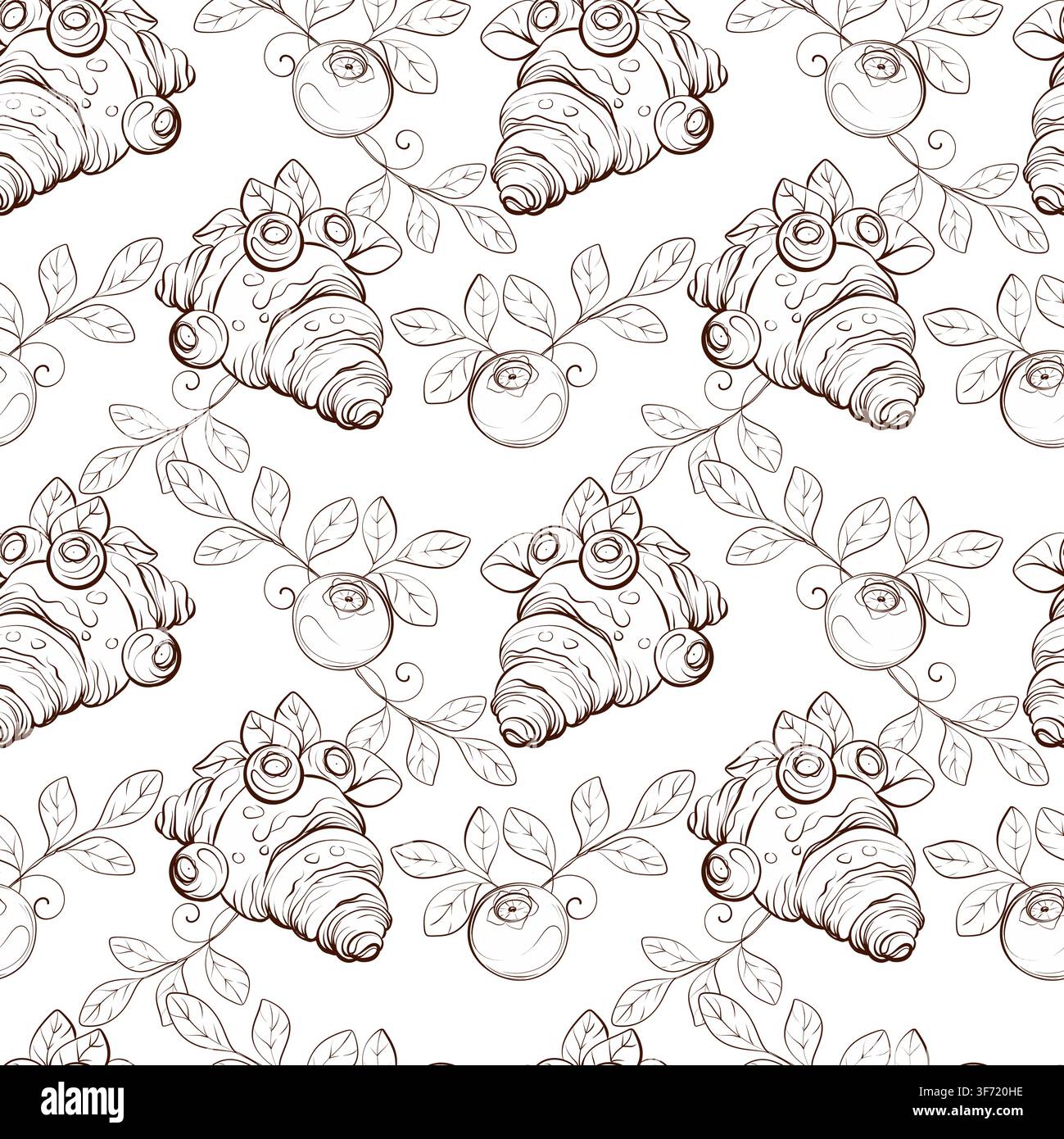 Blueberry and croissant seamless vector pattern, elegant botanical fine line illustration for bakery packaging, cafe branding, pastry boxes and Stock Vector