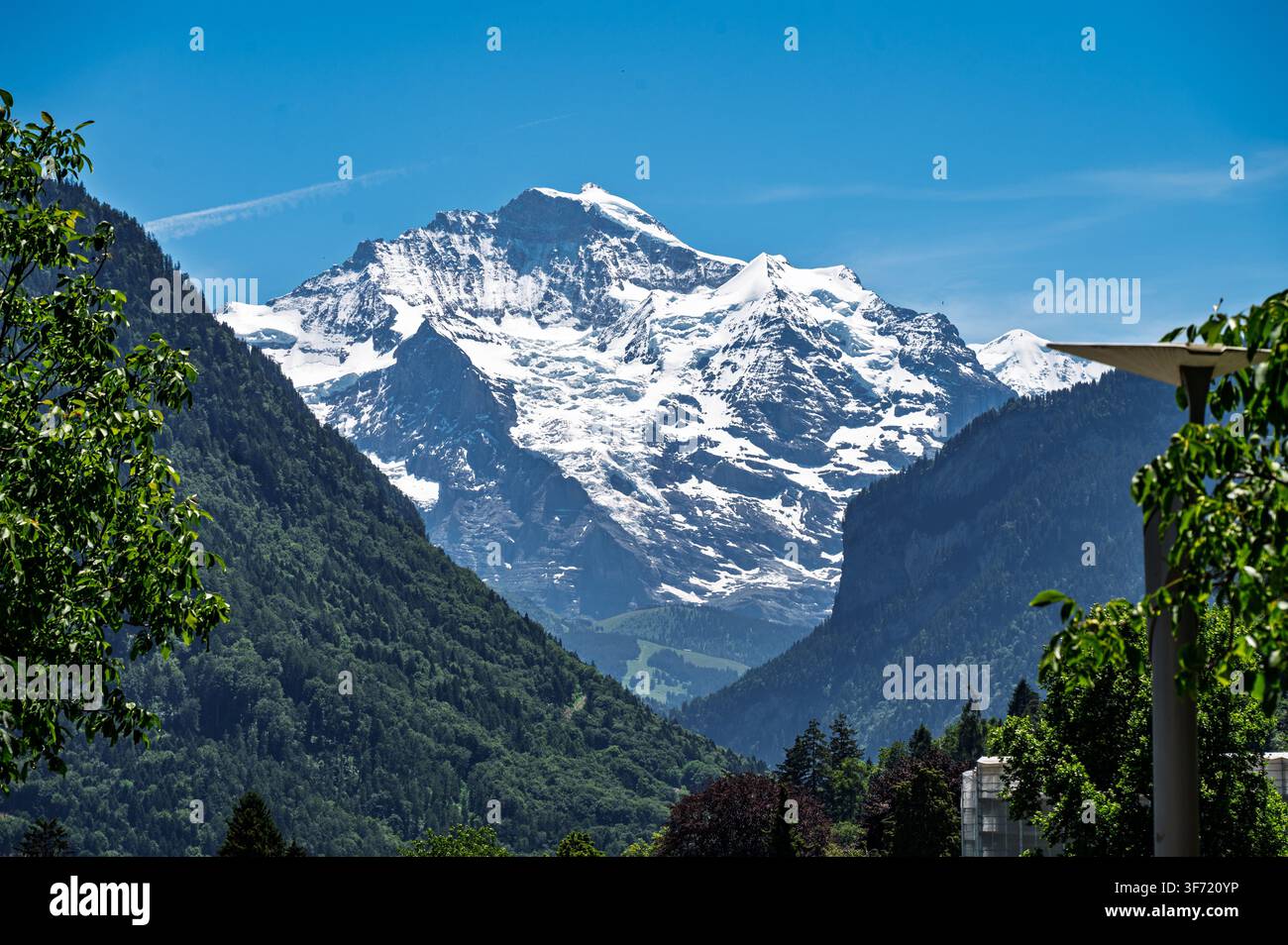 A glaciated alpine peak rises above forested valley slopes under a clear blue sky in the Swiss Alps. Stock Photo
