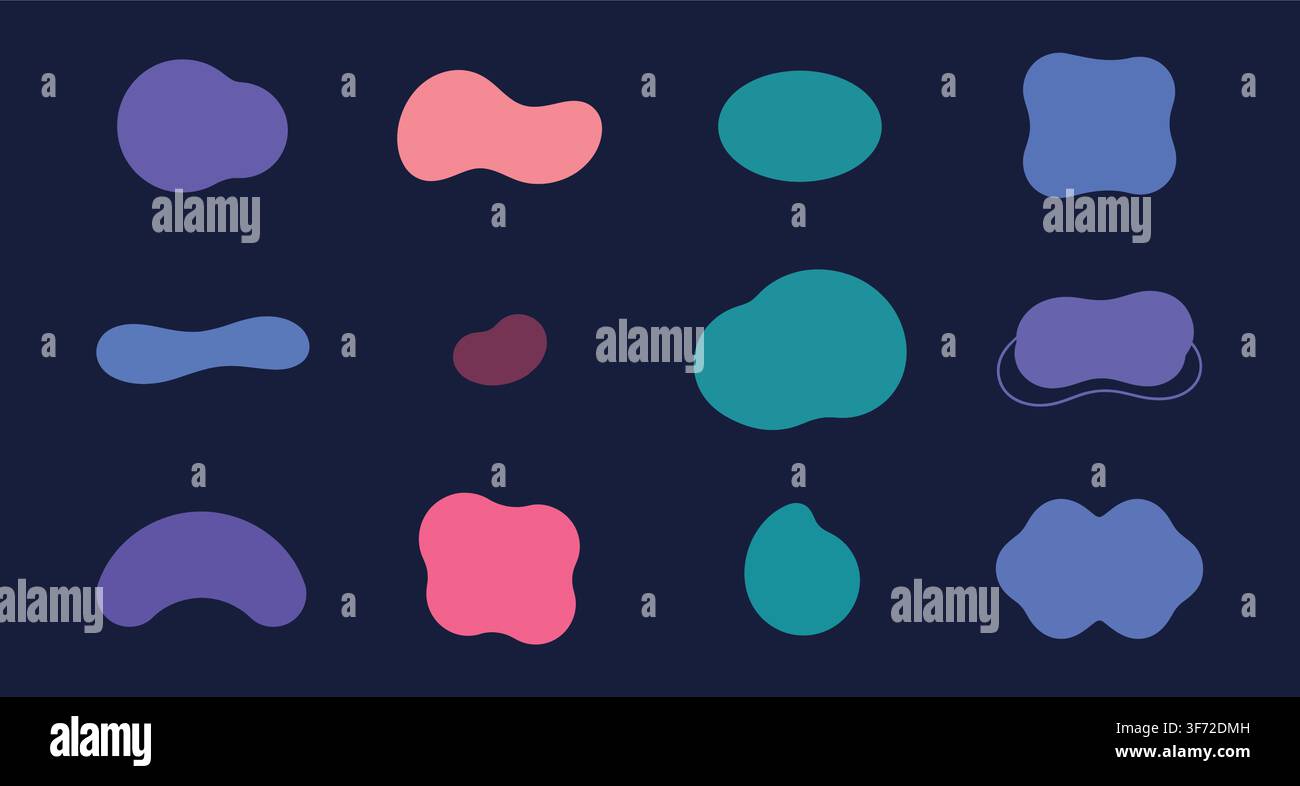 Abstract fluid shapes, liquid blobs, and organic design elements vector set isolated on dark background. Stock Vector